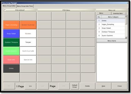 POS Menu Button Manager Screen (Figure 3.) Category can be set up from the left side, in the POS Group screen.