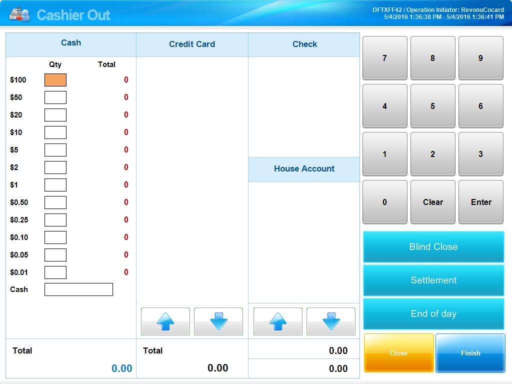(Figure 5) Cashier Out From the Main Screen, press the Cashier Out button (shown in Figure 5). When the Cash Tray selection window appears, choose the tray the cashier used.