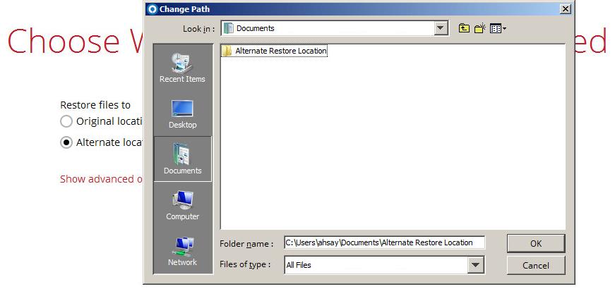 8. Select to restore the files to their Original location, or to an Alternate location.