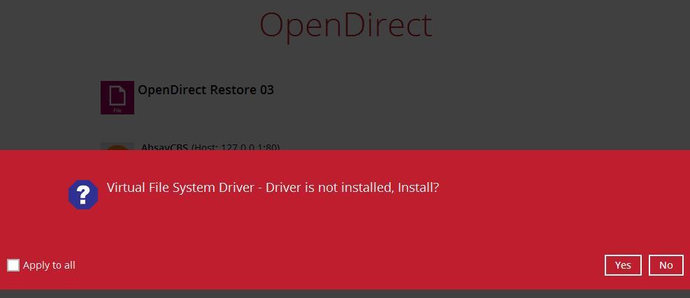 10. The following screen shows when you perform OpenDirect restore for
