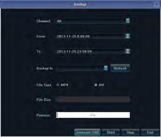 Preview Backup: Right click to bring the main menu, click Backup to enter the backup interface firstly, then select the backup time and channel, insert the USB memory to
