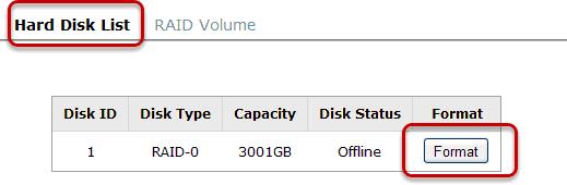 5. Go back to the "Hard Disk List" page and the RAID volume should be in the list. Click "Format" to bring the RAID volume online. 6.