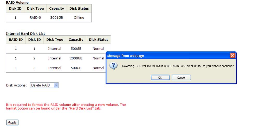 Once a RAID volume is created, the Delete RAID" option should be presented in the Disk Action drop-down menu.