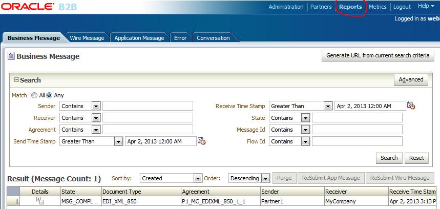 The Oracle B2B Console Reports tab shown in Figure 10-3 provides details.