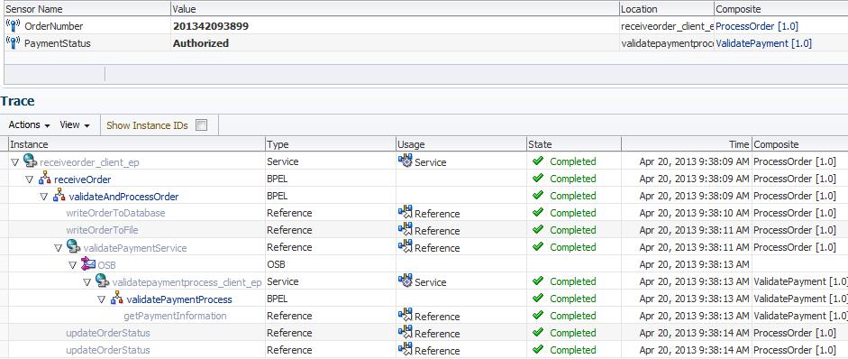 In the Flow Trace page in Oracle Enterprise Manager Fusion Middleware Control, the two composite sensor names and values are displayed.