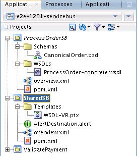 When complete, the imported template is displayed in the Applications window, as shown in Figure 4-22. Figure 4-22 Window Imported Oracle Service Bus Pipeline Template in Applications 4.2.7.