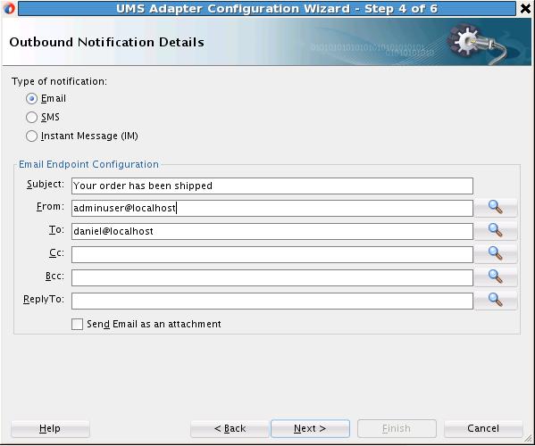 Chapter 6 Figure 6-17 UMS Adapter Configuration Wizard When UMS configuration is complete, the packandshiporder BPEL process is connected to the NotifyUser UMS