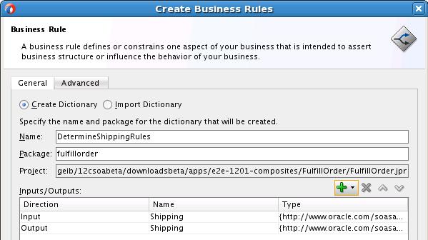 Chapter 7 Figure 7-5 Input and Output Facts of Defined Business Rule Both the input and output facts shown in Figure 7-5 are defined with the Shipping element type in the schema file, as shown in