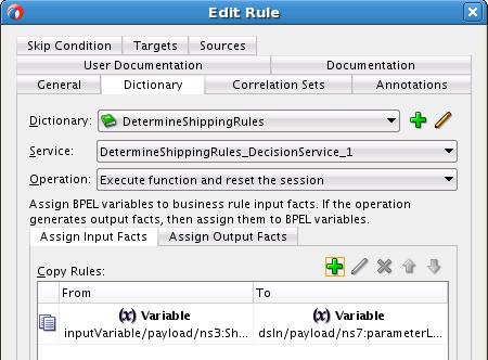 For the input copy rule, ShippingType is copied from the process inputvariable to the dsin (input fact) variable of the business rule.