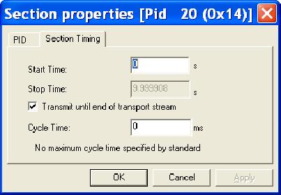 Multiplexer - Editing in the Navigator Views Section Timing. Where a table can contain only a single section (for example, TOT and TDT), a section timing tab is displayed in the Properties dialog box.