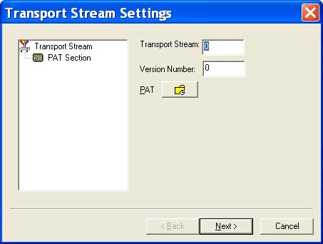 Multiplexer - Wizards The Transport Stream Settings dialog box allows you to set up the transport stream identity (part of the PAT section) and version.