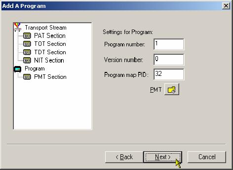 Multiplexer - Wizards Program Wizard Toolbar Icon: The Program Wizard allows you to add programs as required to a stream that is already populated with basic PSI/SI.