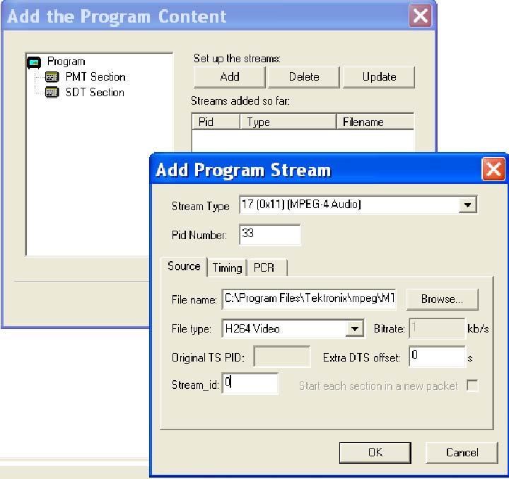 Multiplexer - Wizards This dialog box allows you to identify elementary streams to be included in the new multiplex. You must specify the PID and Stream Type of the new stream.