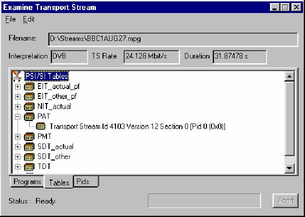 Multiplexer - Views Examine Transport Stream Window The Examine Transport Stream (Examine TS) window (File > Examine TS) performs two main functions within the Multiplexer: It allows you to take an
