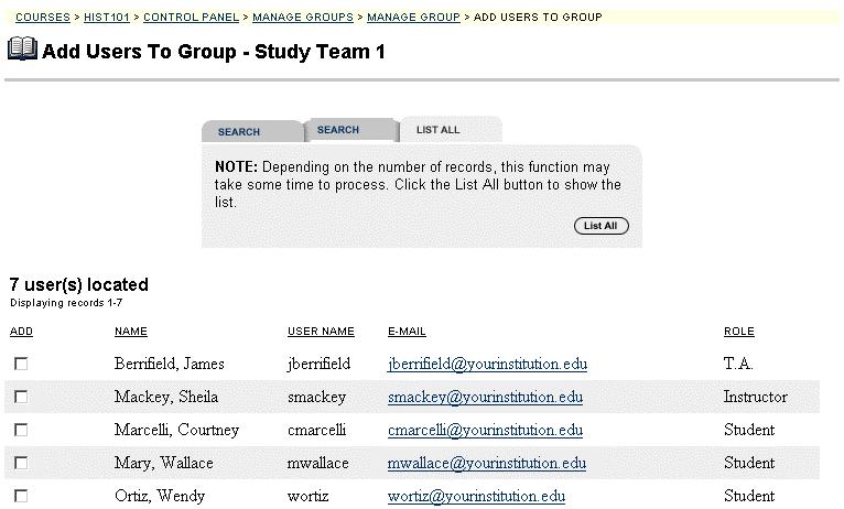 User Management Add Users to Group Page Once a group has been created, users are added to the group using the Add Users to Group page.
