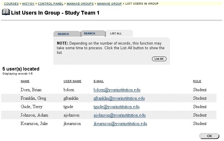 User Management List Users in Group Page Users in a group can be viewed contacted using the List Users in a Group page click on an email address to send a message to that user.