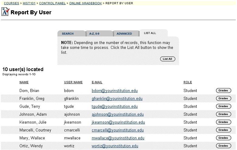 Assessment Report By User Page Instructors may create a report of a student s grades by using the Report by User page.
