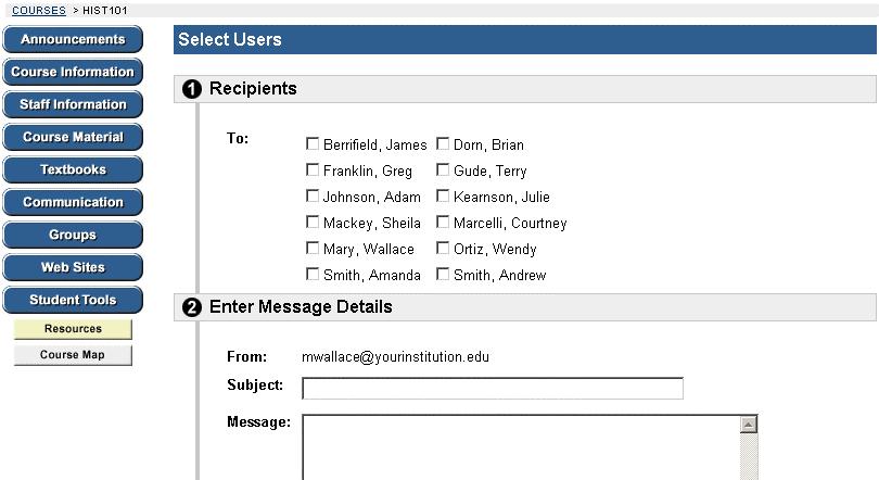 User Tools Send Email, continued Available functions The following functions are available from the Send email page. All Users: Sends email to all users in the course.