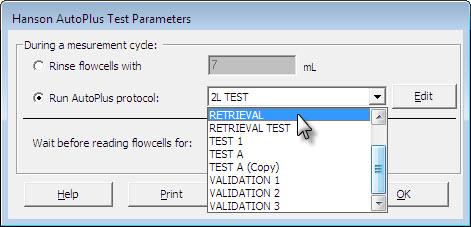 3. Click the Parameter button to open the Hanson AutoPlus Test Parameters window. 4. Choose Rinse flowcells with or Run AutoPlus protocol #.