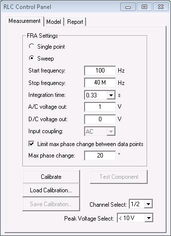 RLC Control Panel Measurement Tab Figure 2. The Measurement tab Before measurements can be taken, the system must be calibrated.