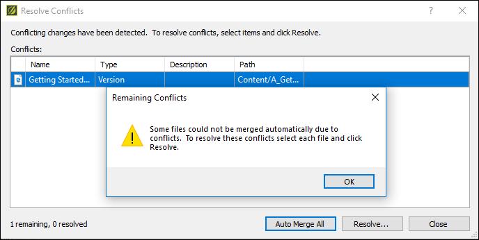 On the Resolve Conflicts dialog, you click Auto Merge All.