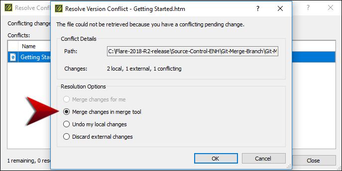 When the Resolve Version Conflict dialog displays, you choose to Merge changes in merge tool.