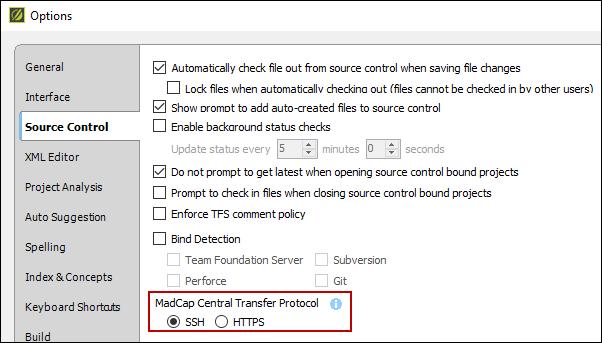 How to Select a MadCap Central Transfer Protocol 1. Select File > Options. The Options dialog opens. 2. Select the Source Control tab. 3.
