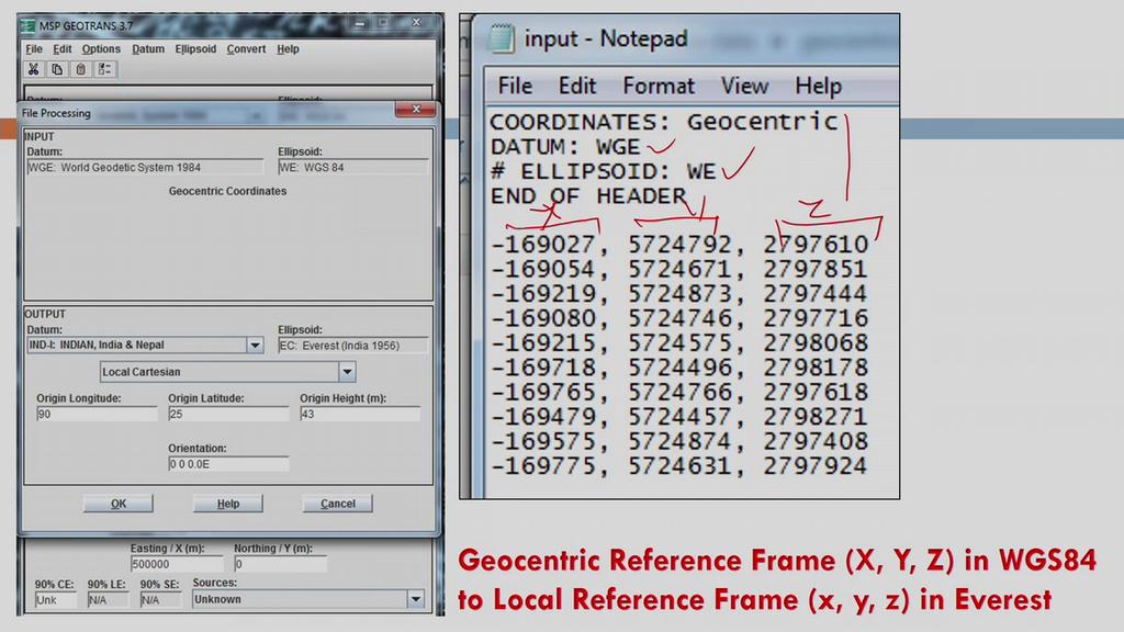 So, let us go ahead. Now, I am converting back; that means, geocentric reference frame in WGS84 to local reference frame in Everest.