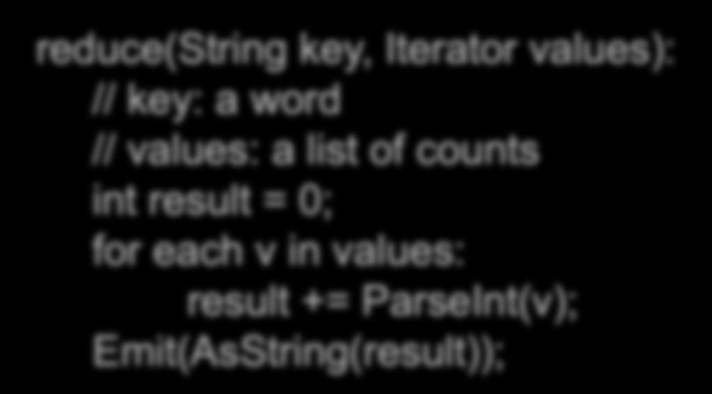 document contents for each word w in value: EmitIntermediate(w, 1 ); reduce(string key, Iterator values): // key: a
