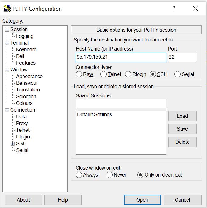 10. In order to connect to the server, make use of Putty (download: https://www.putty.org/).