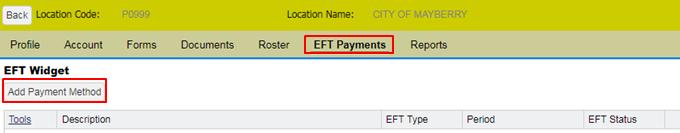 EFT PAYMENTS TAB This is where you set up bank account information in order to schedule Electronic Fund Transfer