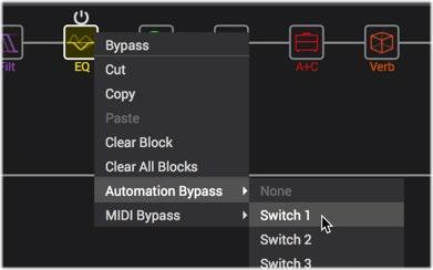 For the following example, we'll configure the Bypass of a Simple EQ block. 1. Add a Simple EQ block to your Signal Flow and click on it to select the block. 2.