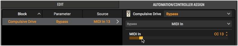 MIDI Bypass & Controller Assignment Most parameters and functions within Helix Native can also be controlled remotely via external MIDI control devices or MIDI software applications.