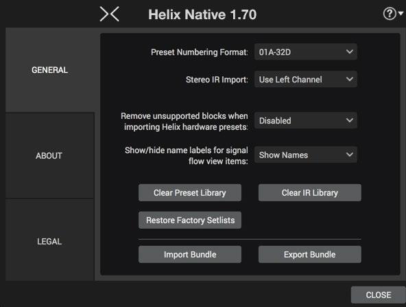 Preferences The My Account menu at the bottom left of the Helix Native plug-in window provides access to the menu to open the Preferences window, as well as to several options for Helix Marketplace