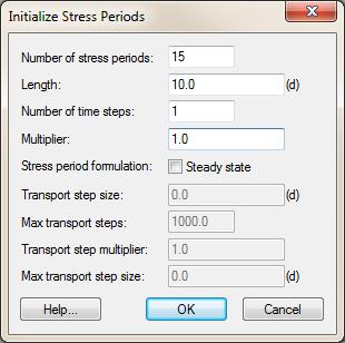 13. Enter 1 as the Number of time steps. 14. Leave the remaining settings at their defaults (Figure 7) and click OK to close the Initialize Stress Periods dialog. 15.