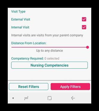 Use the pink dot on the pink line to determine how wide (in miles) the search for visits should be. Tap on the Nursing Competencies button to select all applicable competencies, i.e. IV, CHF or COPD Management, etc.