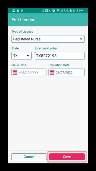 From the Add License page, tap on the Registered Nurse drop-down menu to choose from a list