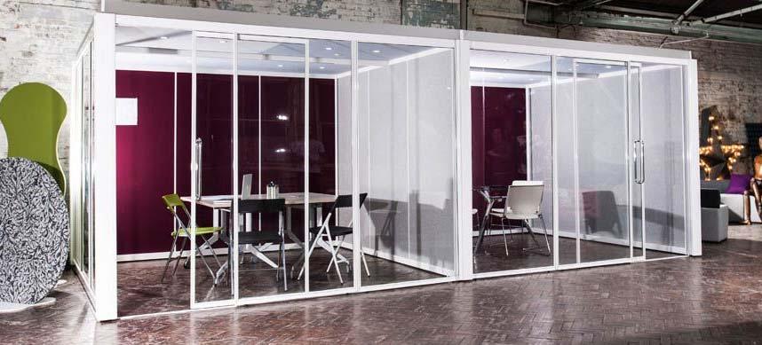 60 self-contained meeting room space, inclusive of services Three sides glazed, one side solid - Non-load bearing, movable partition MPOD 1 wall system, providing free-standing, 3000 x 3000 x 2200mm