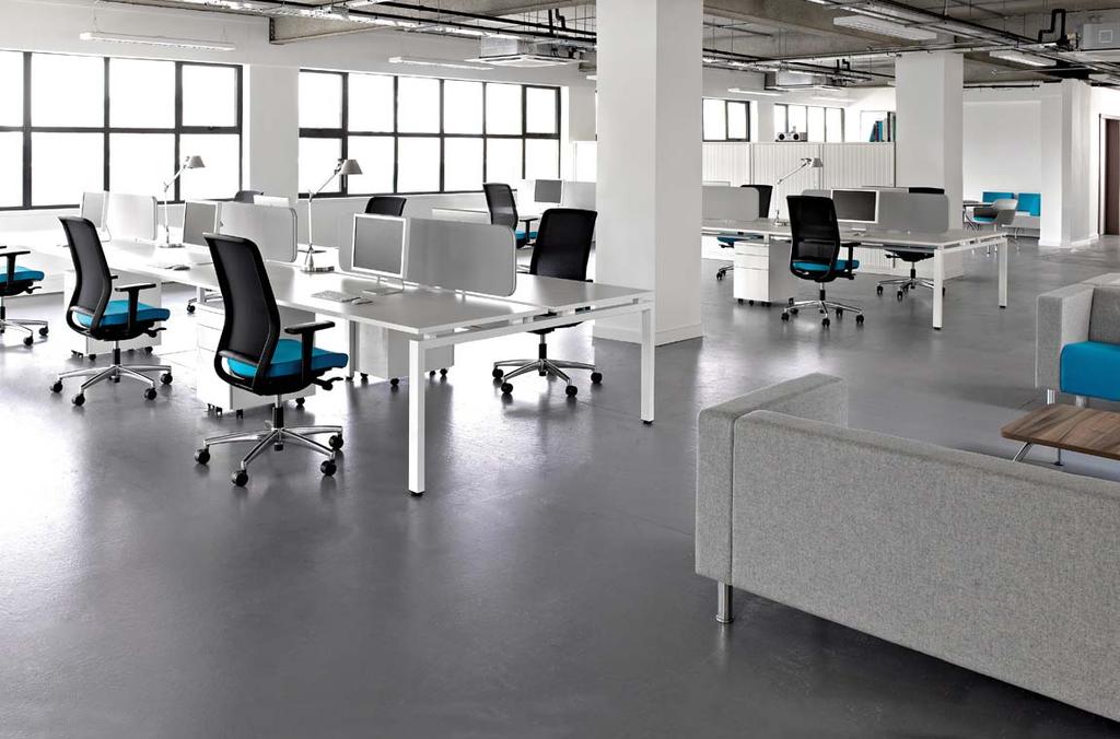 Desk tops are 25mm thick MFC with 2mm edging for durability, silver or gloss white metal leg frames include height levellers as standard, and can be shared between desks, keeping components to a