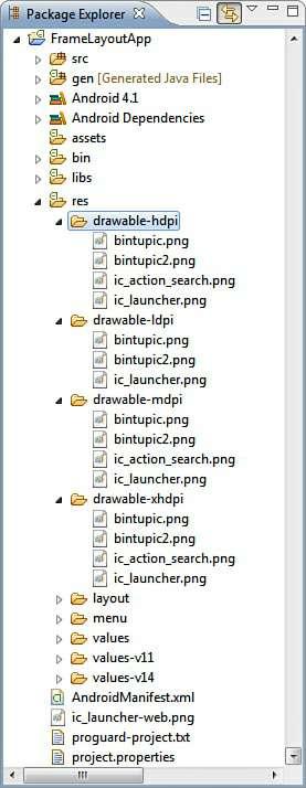 them into the four res/drawable folders, the Package Explorer resembles Figure 3.12. Figure 3.12. The Package Explorer window showing the two images, bintupic.png and bintupic2.