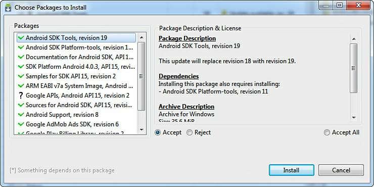 Figure 1.9. Dialog box to accept the license terms for the selected packages and to begin installation An Android SDK Manager Log window appears showing the downloading and installation progress.