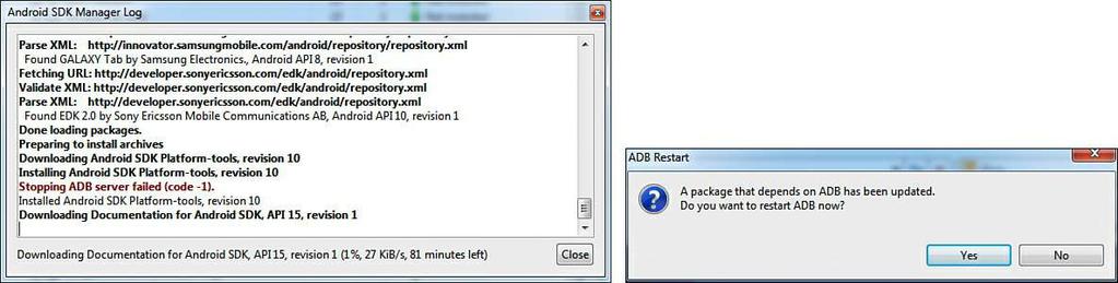10 left). After you select the Close button, the next dialog window is the ADB Restart window that provides information about updates and asks whether you want to restart ADB, as shown in Figure 1.