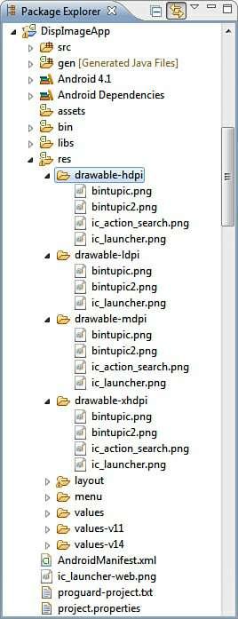 Figure 4.13. The Package Explorer window, showing the images dropped in the res/drawable folders We want the application to show an image on startup (bintupic.