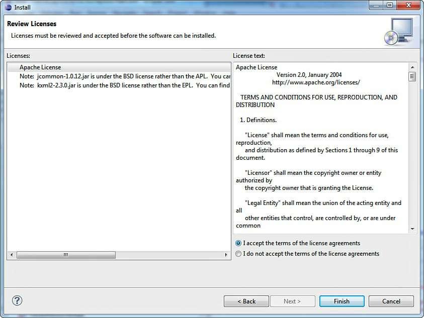 Figure 1.17. Dialog box to review and accept/reject the license agreement The ADT plug-in is then downloaded and installed in Eclipse.