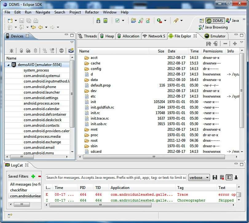 Figure 5.11. The DDMS tool window In the upper-left pane of the DDMS window, we see a Devices tab that displays the list of Android devices connected to your PC, along with the running AVDs (if any).