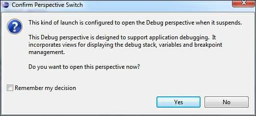 or right-clicking the project in Package Explorer and selecting Debug As, Android Application. During debugging, the application pauses when the first breakpoint is reached.