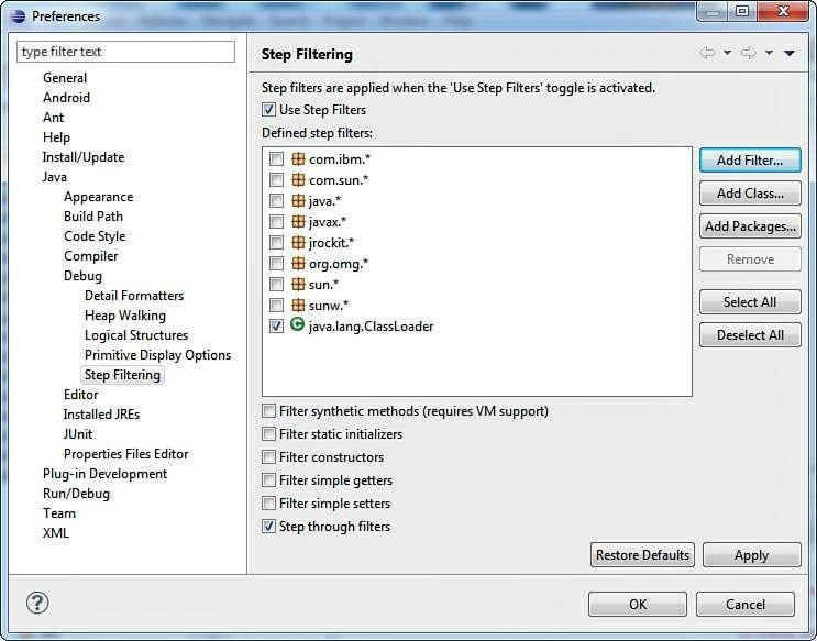 Figure 5.20. Dialog box for applying and managing step filters After selecting the classes/packages to be filtered out, click OK to close the Preferences window.
