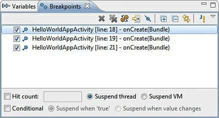 inserted breakpoints in the application, as shown in Figure 5.22. This pane helps in enabling, disabling, skipping, and removing breakpoints.