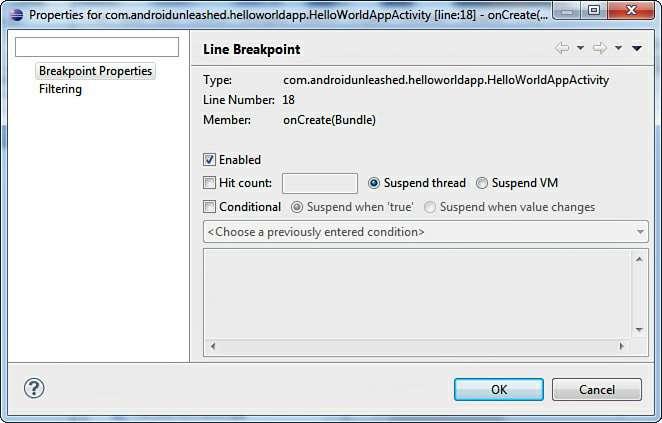 Figure 5.23. The Breakpoint Properties dialog box The check boxes are as follows: Enabled This check box is selected by default, indicating the breakpoint is active.