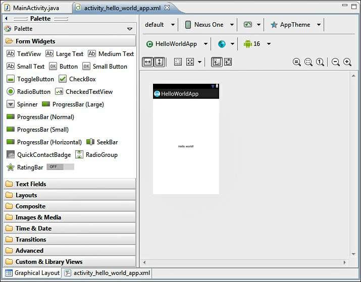 Figure 1.25. The layout file activity_hello_world_app.xml in the Visual Designer Using the Visual Designer The Visual Designer provided by Eclipse displays the layout file graphically.